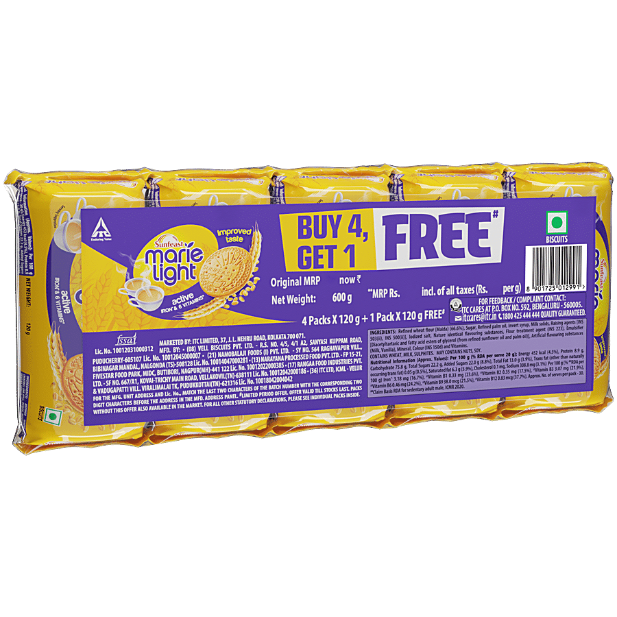 Sunfeast Marie Light Active Biscuits -With Iron & 6 Vitamins, Tea Time Partner, 120 G (Buy 4 Get 1 Free)