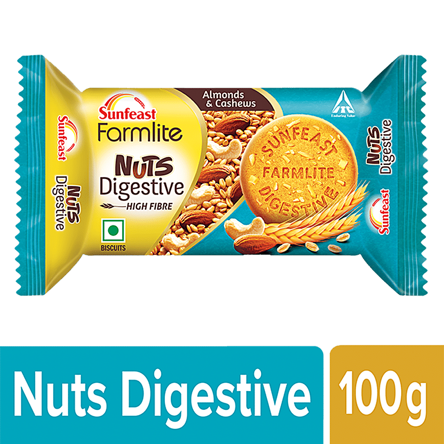 Sunfeast Farmlite Nuts Digestive Biscuit - High Fibre, Goodness Of Almonds, Cashews & Wheat Fibre, 100 G Pouch