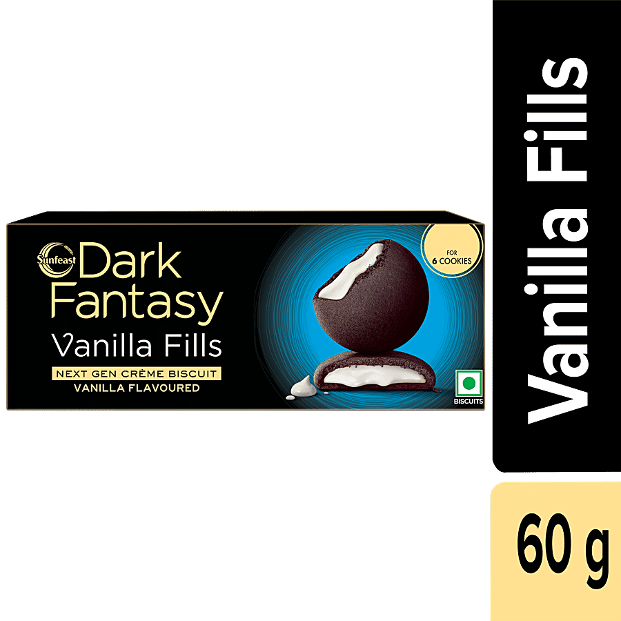 Sunfeast Dark Fantasy - Vanilla Fills, Crunchy Choco Cookies With Vanilla Creme, 60 g Pouch