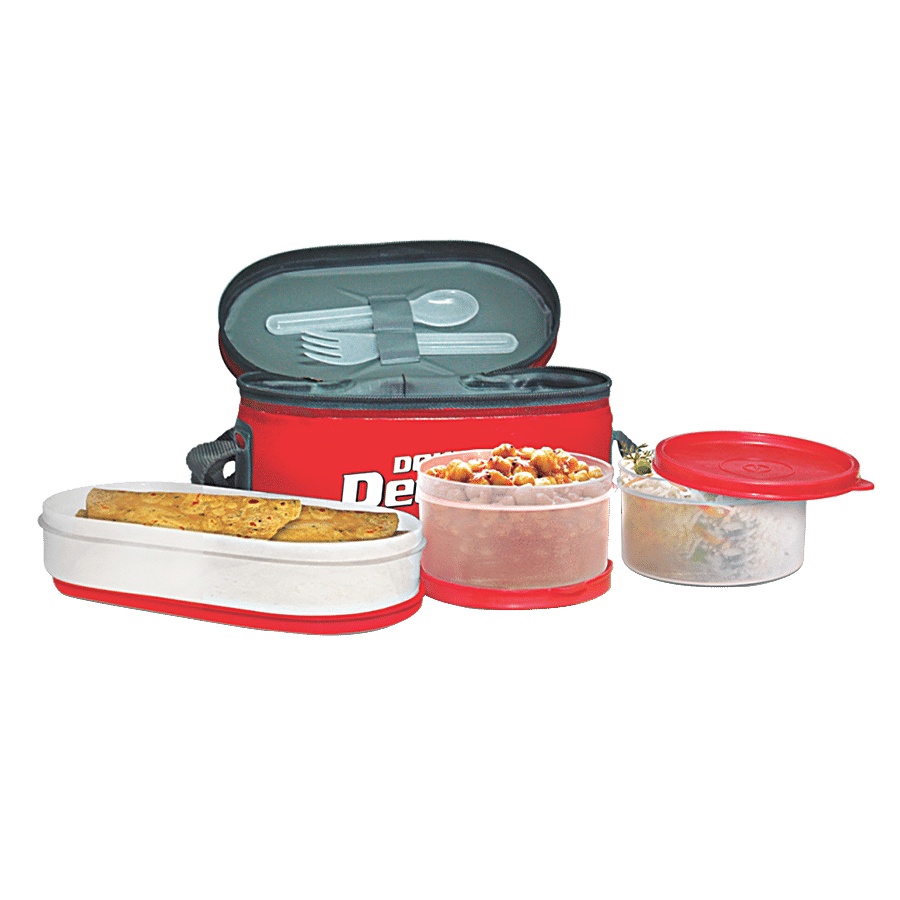 Milton Double Decker Plastic Lunch/Tiffin Box With Containers & Cover - Red, 5 Pcs