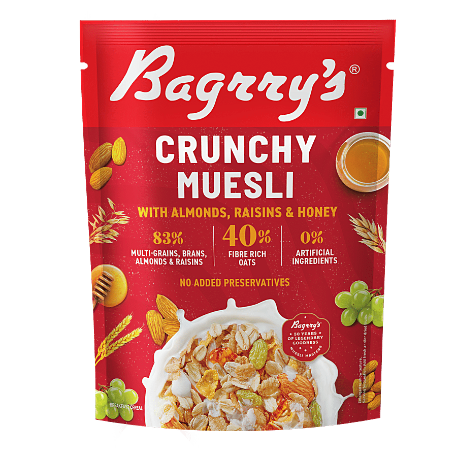 Bagrrys Crunchy Muesli | 40% Fiber Rich Oats with Bran | 82% Multi Grains, Almonds, Raisins & Honey, 425 g Pouch