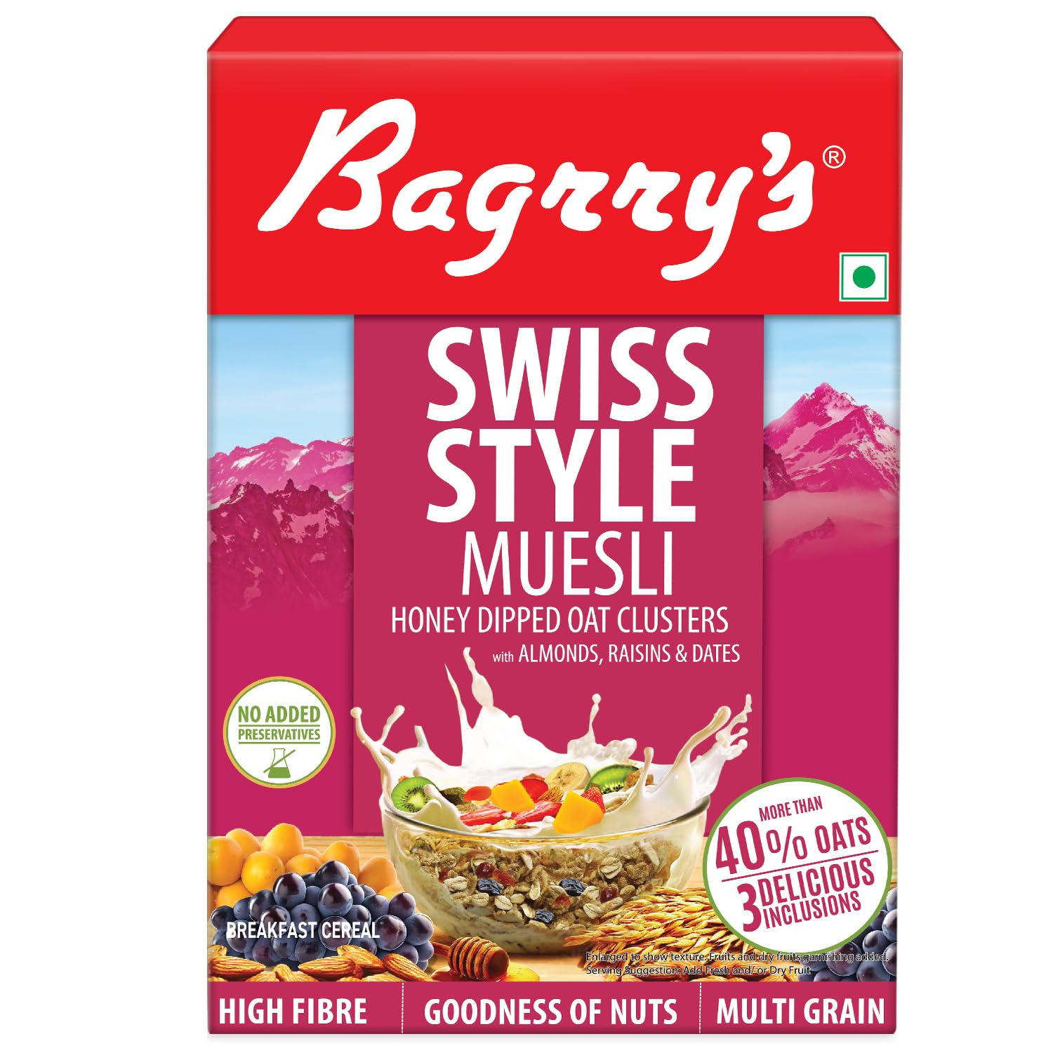 Bagrry's Swiss Style Muesli 500gm Box | More than 40% Imported Oats | Honey Dipped Oat Clusters | High Fibre with Added Bran | Source of Protein | Premium Dry Fruits | Multi-Grain Muesli