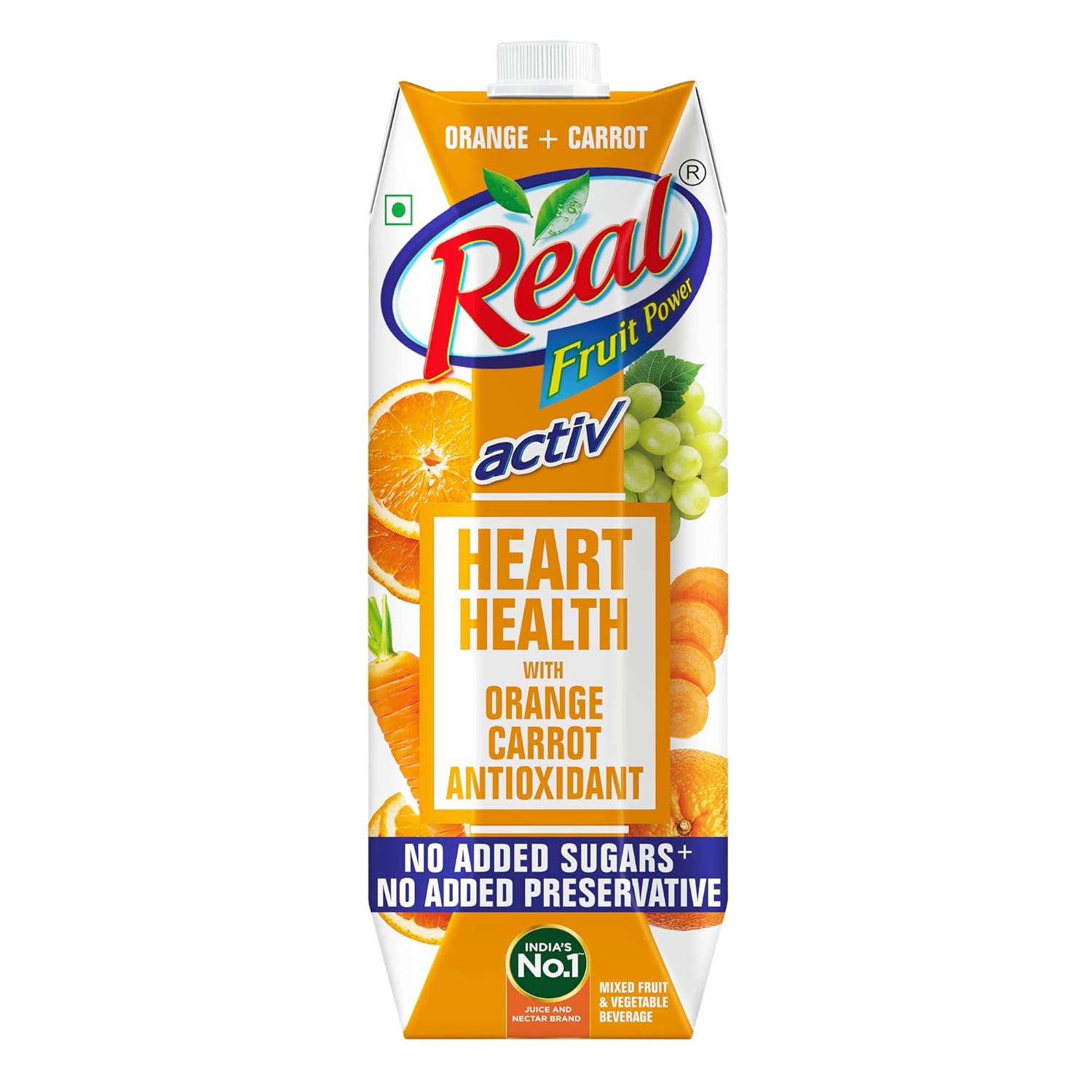 Real Activ Orange Carrot Fruit Juice, No Added Sugars, No Added Preservatives, Helps In Heart Health, Mix Fruit & Vegetable Juice, Tasty, 1L