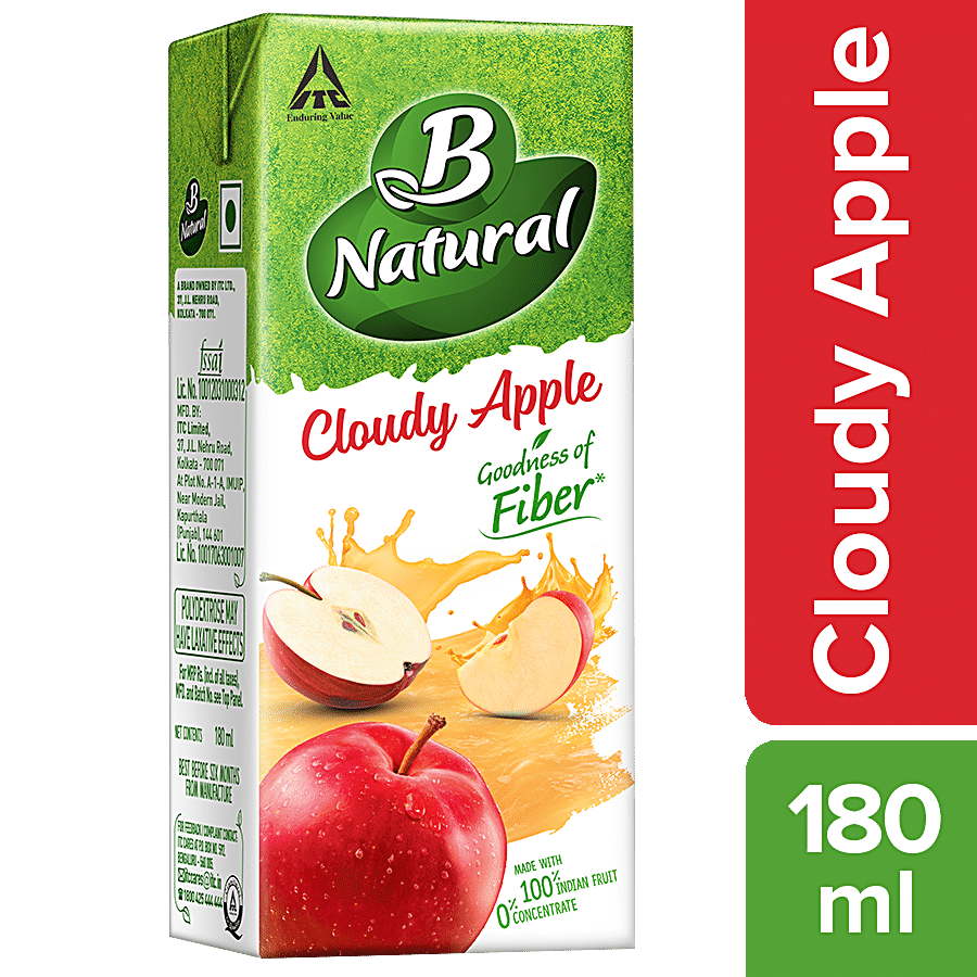 B Natural Apple Juice, Rich In Fibre, Vitamin C & E, 100% Fruit Pulp & 0% Concentrate, 180 Ml