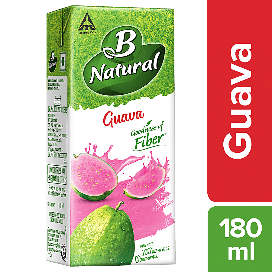 B Natural Guava Juice, Richness Of Fibre, Vit C & E, 100% Fruit Pulp & 0% Concentrate, 180 Ml Carton