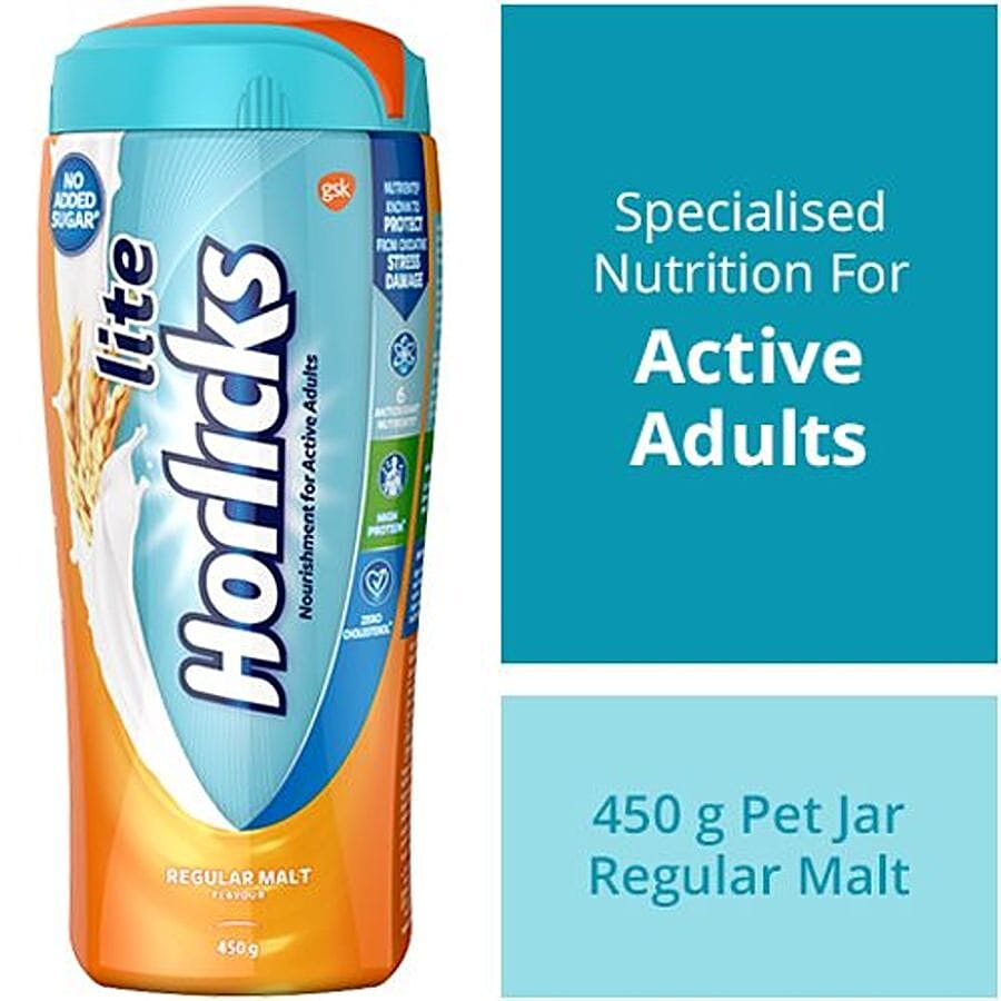 Horlicks Lite Health & Nutrition Drink, Regular Malt Flavour, 450 G Jar