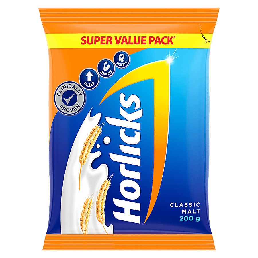 Horlicks Health & Nutrition Drink, Provides Energy, Classic Malt Flavour, 200 G Pouch