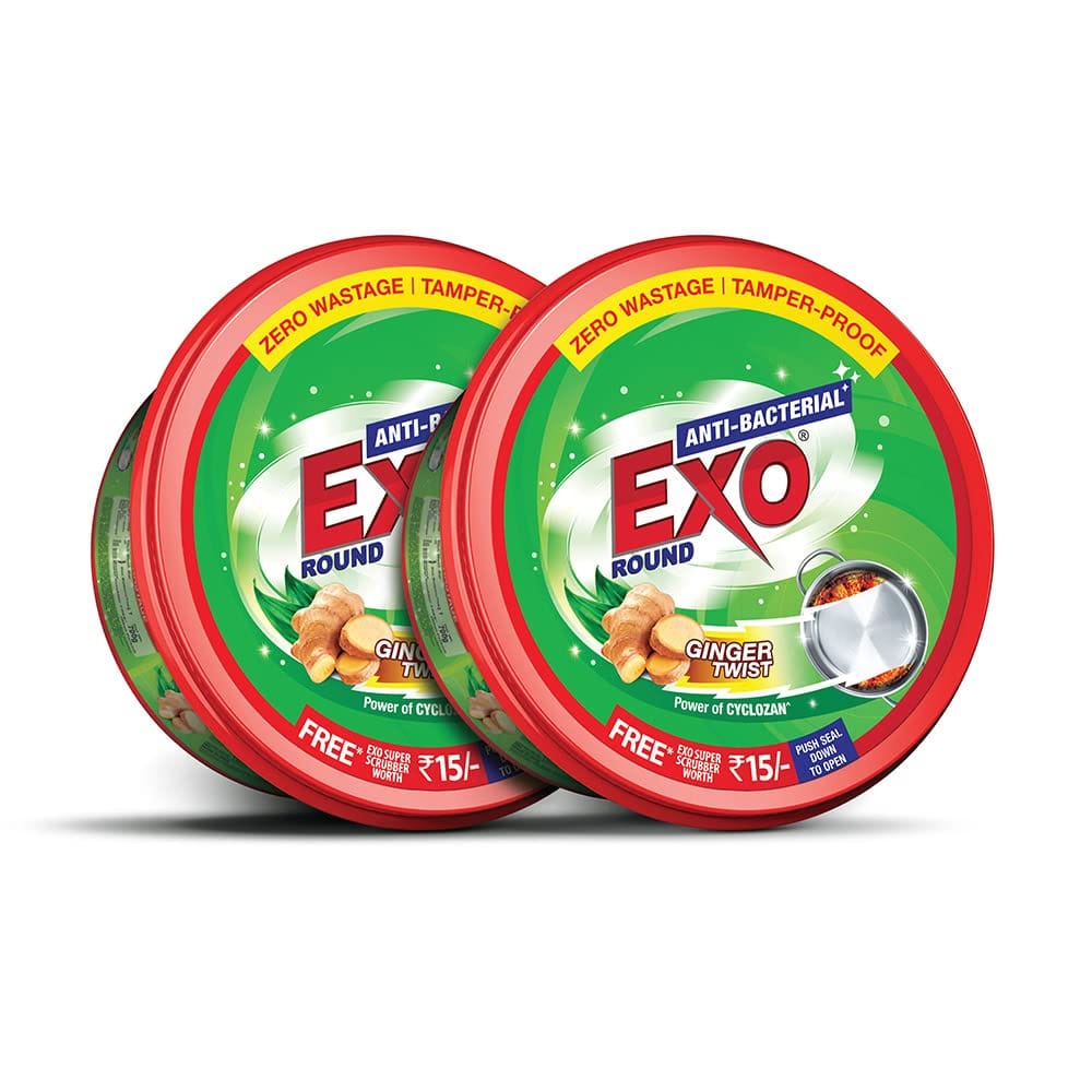 Exo Round Dishwash Bar 700G Set Of 2 With Super Scrubber Free Complete Dishwashing Solution With Anti, Bacterial Efficacy & Goodness Of Ginger Remove Tough Grime Stains With Ease.