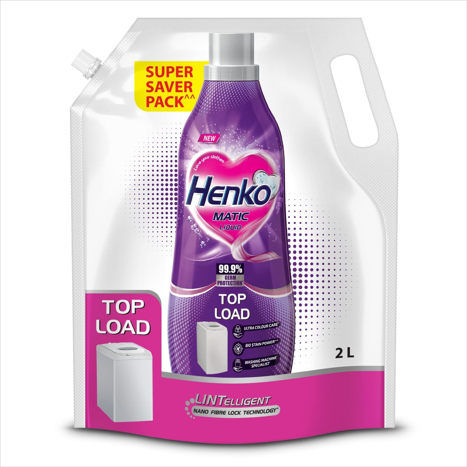 Henko Matic Top Load Liquid Detergent, 2L Refill Pouch With Nano Fiber Lock Technology, 99.9% Germ Protection, Bio Stain Power & Ultra Color Care Which Maintains The Newness, Color & Shine