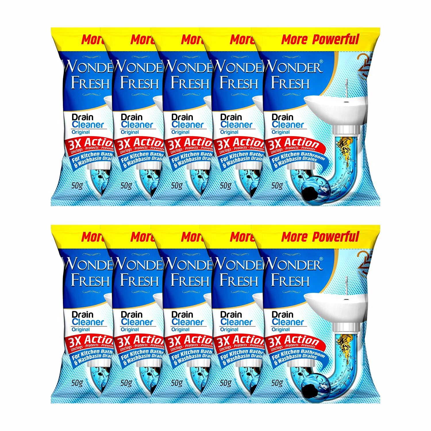 Wonder Fresh Drain Cleaner Removes Clogs And Blockages In Washbasin, Sinks, Pipes Within 30 Minutes, 50G Pouch, Pack Of 10