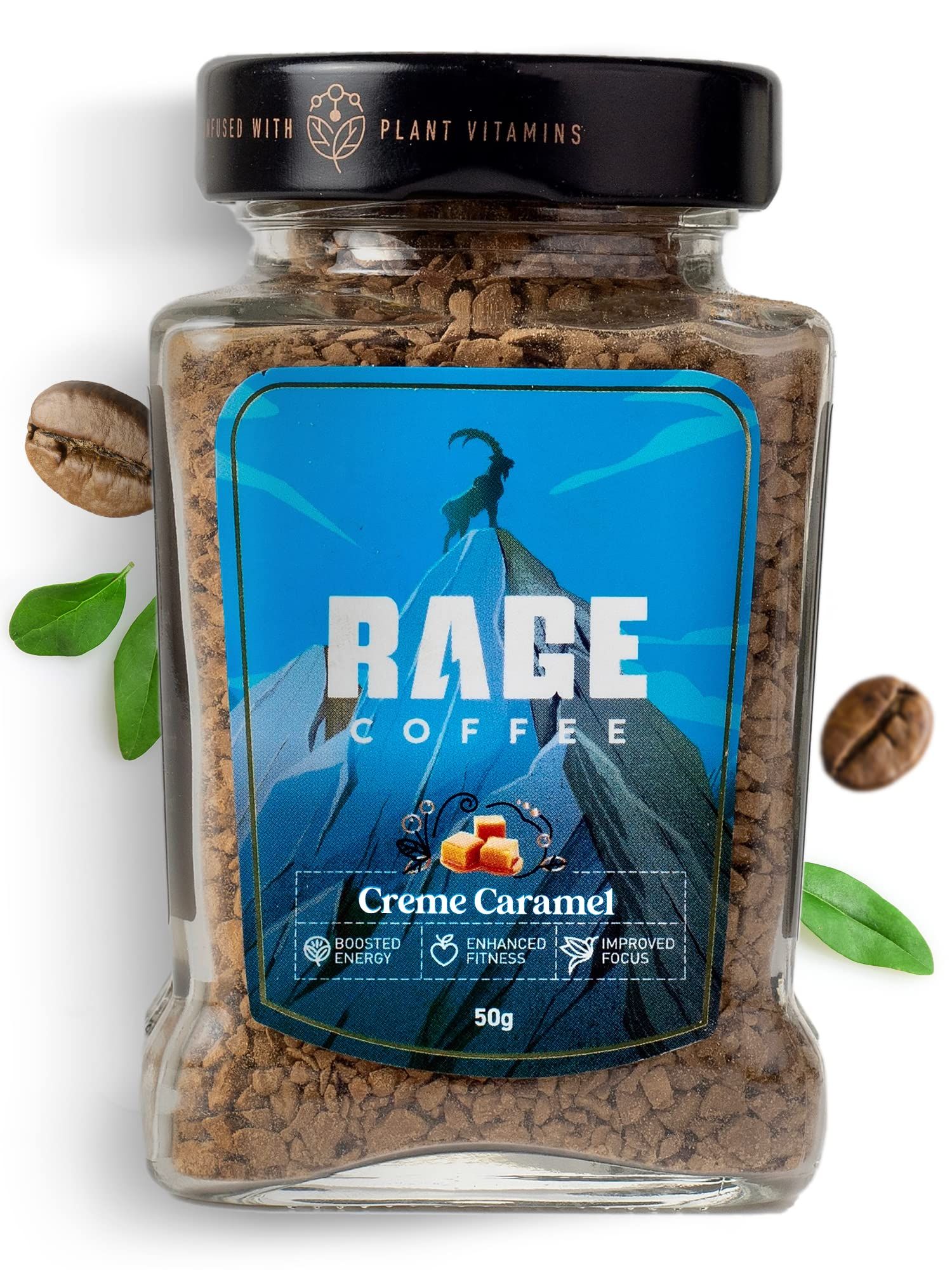 Rage Coffee Creme Caramel, Flavored Instant Coffee Powder For Both Hot & Cold Coffee, 100% Single Origin Arabica Coffee Beans Powder, Premium Coffee Infused With Plant Vitamins (Creme Caramel, 50G)