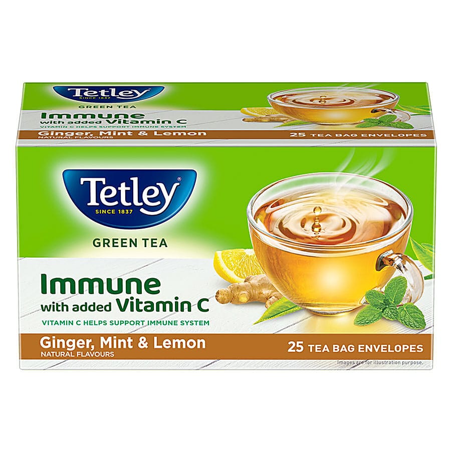 Tetley Green Tea, Immune With Added Vitamin C, Ginger, Mint & Lemon, 90 G (25 Bags X 3.6 G Each)