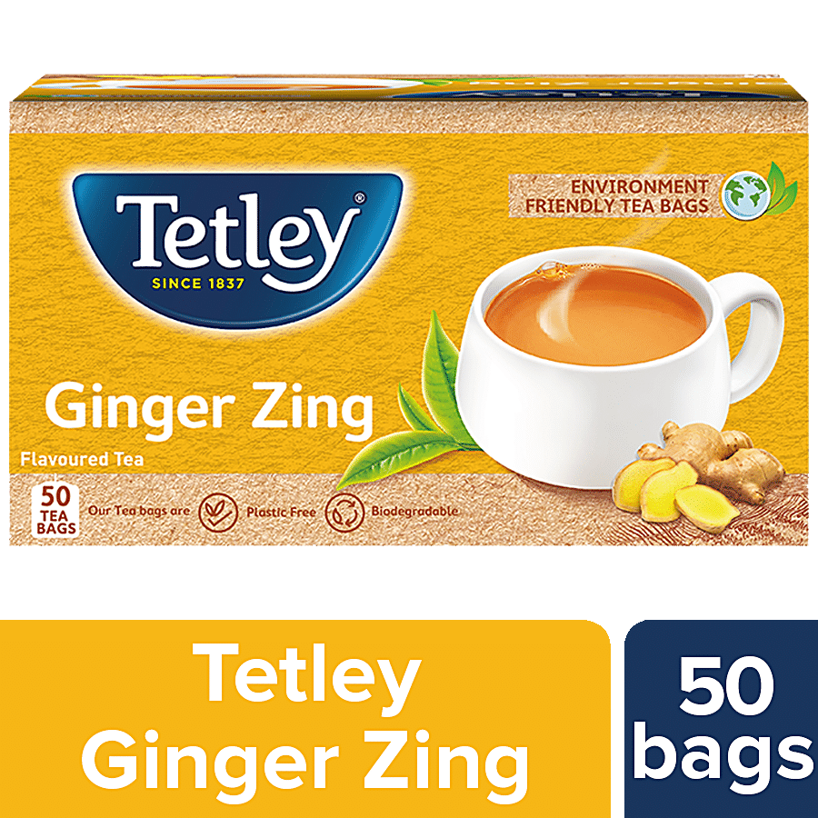 Tetley Ginger Zing Tea, Flavoured, Assam Blend, Staple, Free, Environment Friendly Bags, 100 G (50 Bags X 2 Each)
