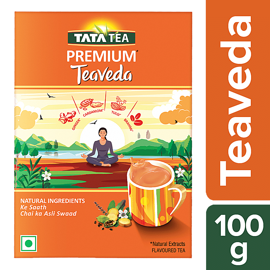 Tata Tea Premium Teaveda, Assam Tea Leaves With Elaichi Tulsi, Adrak & Brahmi, 100 G Pouch