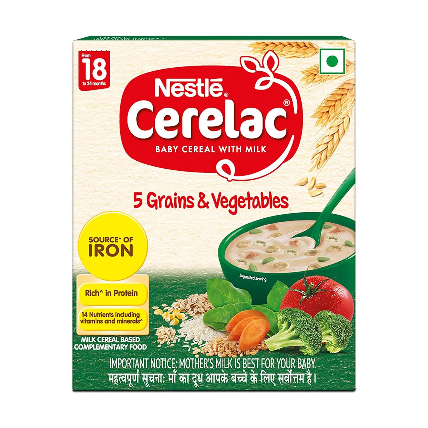 Nestle Cerelac Baby Cereal With Milk - 5 Grains & Vegetables - Stage 5 - From 18 To 24 Months - Source Of Iron & Protein - 300G