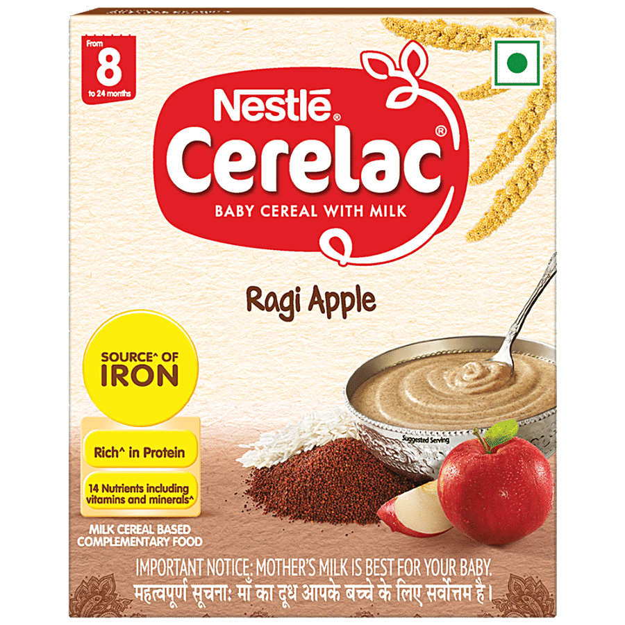 Nestle Cerelac Baby Cereal With Milk, Ragi Apple, From 8 To 24 Months, 300 G Bag, In, Box