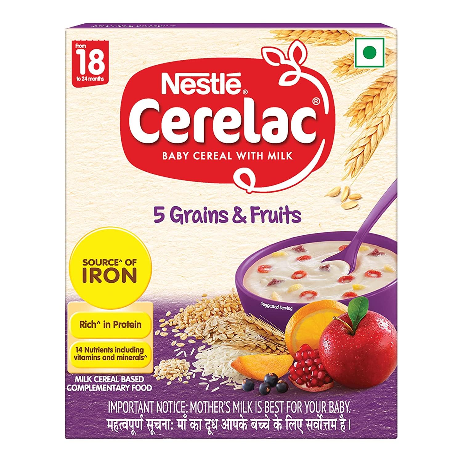 Nestle Cerelac Baby Cereal With Milk - 5 Grains & Fruits - Stage 5 - From 18 To 24 Months - Source Of Iron & Protein - 300G
