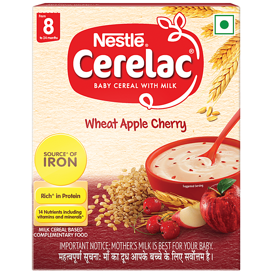Nestle Cerelac Baby Cereal With Milk,Wheat Apple Cherry,From 8 To 24 Months,300 G Bag,In,Box