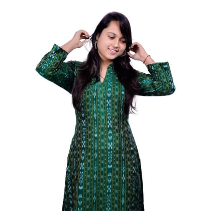 GHL GUENDICHA HAAT Sambalpuri Certified Handloom Women's Pure Cotton High Neck Kurta Green