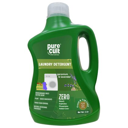  PureCult Laundry Detergent - 5 Ltr, Geranium & Lavender, Biodegradable, Plant-Based, Tough Stain Removal, Natural Refreshing Fragrance, Zero Bleach, Sulphates, Phosphates, Added Color, Front & Top Load