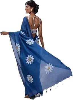 Blue Linen Saree With Hand Painted White Daisy Flowers And Tassels