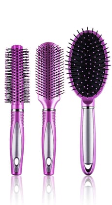 Hair Brush Set, 3 Pieces, Pink Plastic Bristles, Oval and Round Shapes Hair Brush Set, 3 Pieces, Pink Plastic Bristles, Oval and Round Shapes