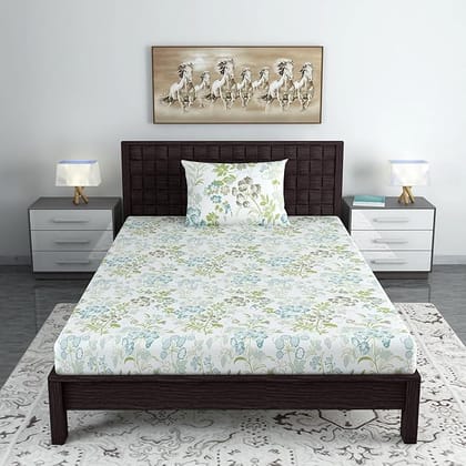Floral Single Bedsheet with 1 Pillow Cover, 100% Cotton, Green Floral Single Bedsheet with 1 Pillow Cover, 100% Cotton, Green