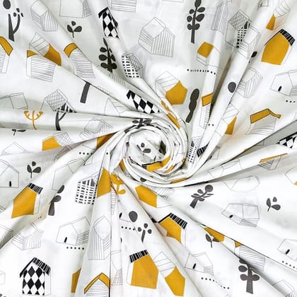 100% Cotton Sateen Fabric with Whimsical House Print, Perfect for Sewing and Crafting Projects 100% Cotton Sateen Fabric with Whimsical House Print, Perfect for Sewing and Crafting Projects
