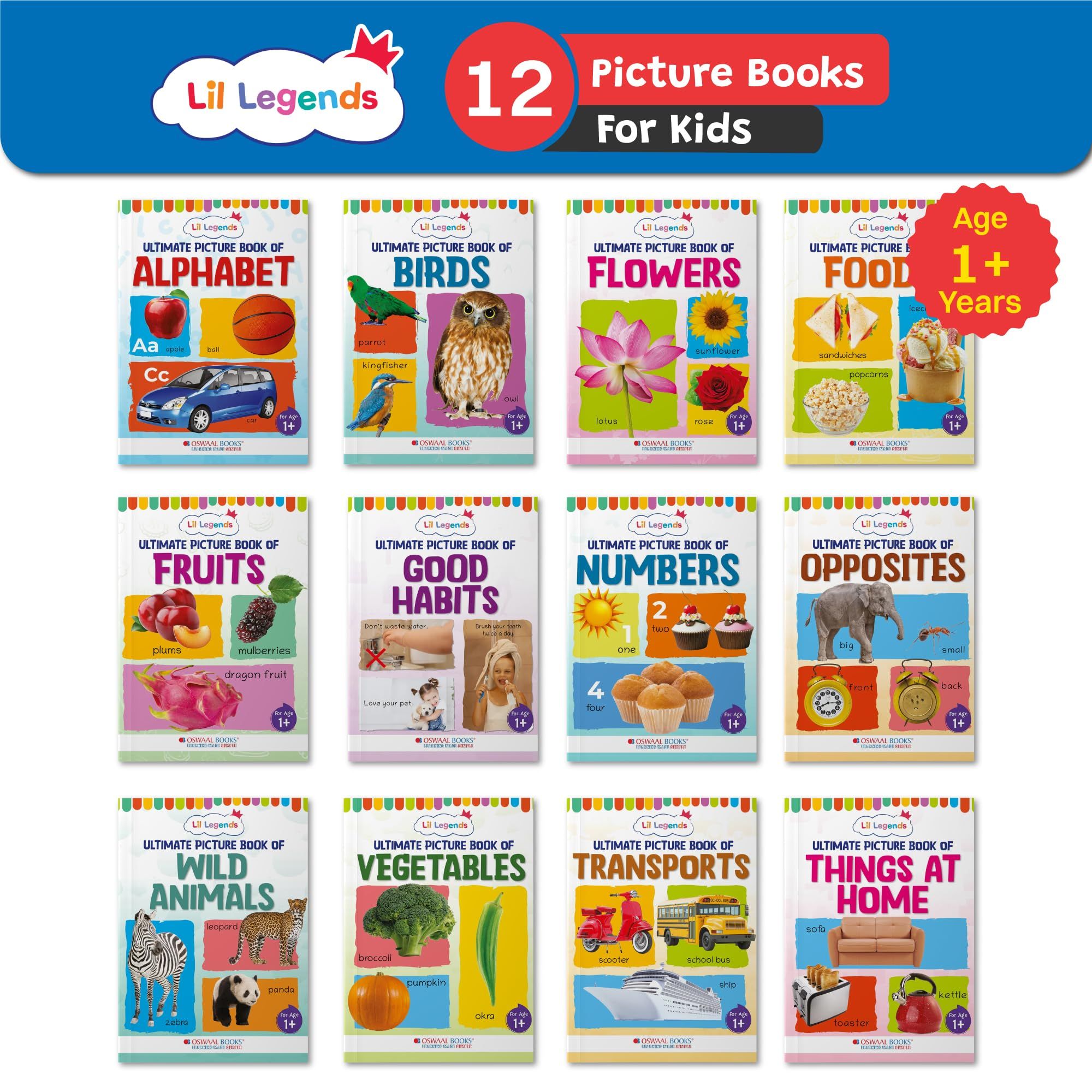 Oswaal Lil Legends Set Of 12 Picture Books Collection Of Early Learning For 1+ Year Old Kids, To Learn About Alphabet, Birds, Flowers, Foods, Fruits And More [Product Bundle] Oswaal Editorial Board