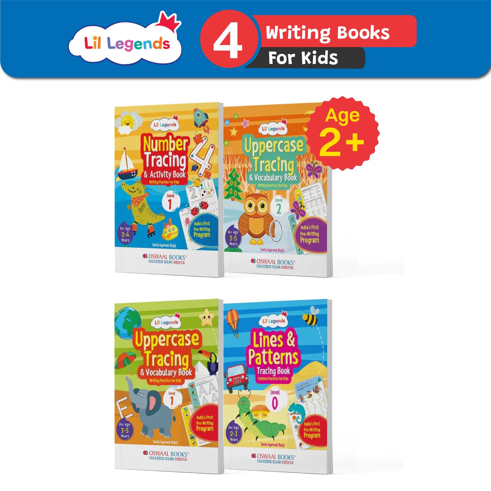 Oswaal Lil Legends Writing Practice Boxset: Pack of 4 Books (Lines & Patterns Tracing L-0 And Tracing & Vocabulary L-1 And Number Tracing & Activity L-1 And Tracing & Vocabulary L-2) Age 2-5 years Sonia Agarwal Bajaj and Oswaal Editorial Board