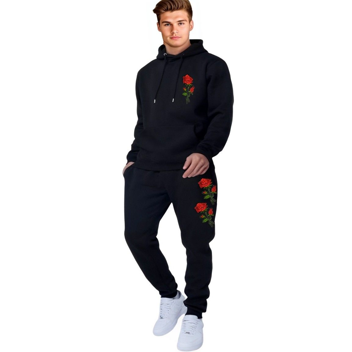 HAZAWA Polyester Black Tracksuit for Men | Full Sleeve Hooded Neck | Rose Embroidered Sweatshirts & Trackpants Suit | Solid Casual Co-set