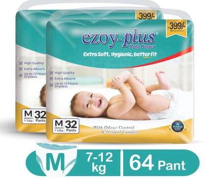 EZOY-PLUS Baby Diapers - Extra Soft, Hygienic, Better Fit, with Odour Control and Dryfeel Comfort - (pack of 2) 64 Count (M)