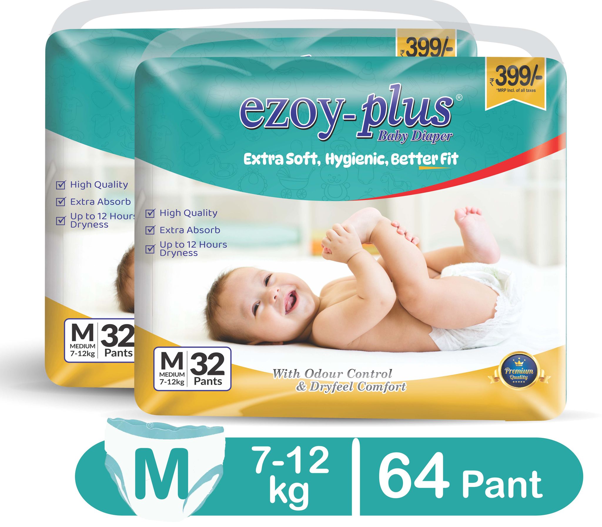 EZOY-PLUS Baby Diapers - Extra Soft, Hygienic, Better Fit, with Odour Control and Dryfeel Comfort - (pack of 2) 64 Count (M)