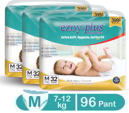Ezoy-Plus Baby Diapers, Size M (7-12 kg), 96 Count, Extra Soft, Hygienic, with Odour Control and Dryfeel Comfort