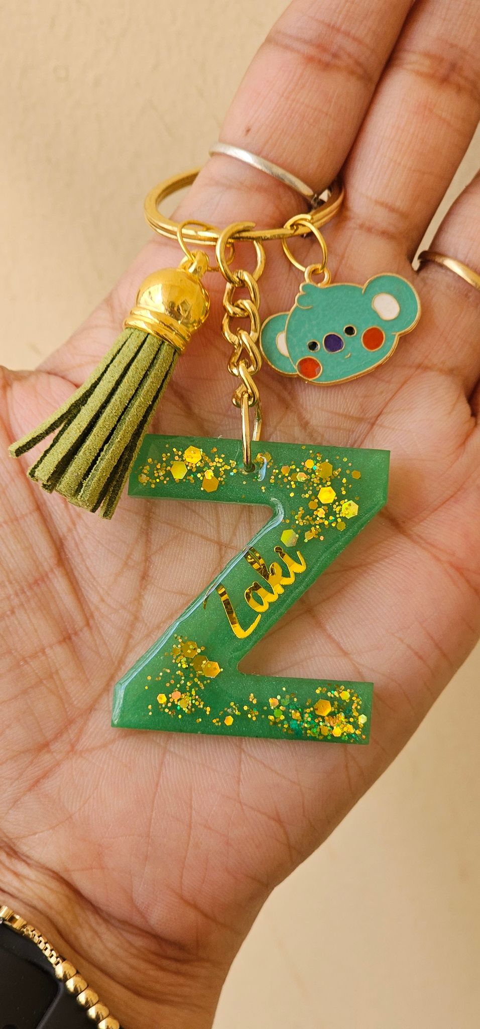 Z Initial Keychain, Green Glitter Acrylic Keychain, Personalized Keyring, Koala Bag Charm, Letter Z Key Chain, Backpack Accessory