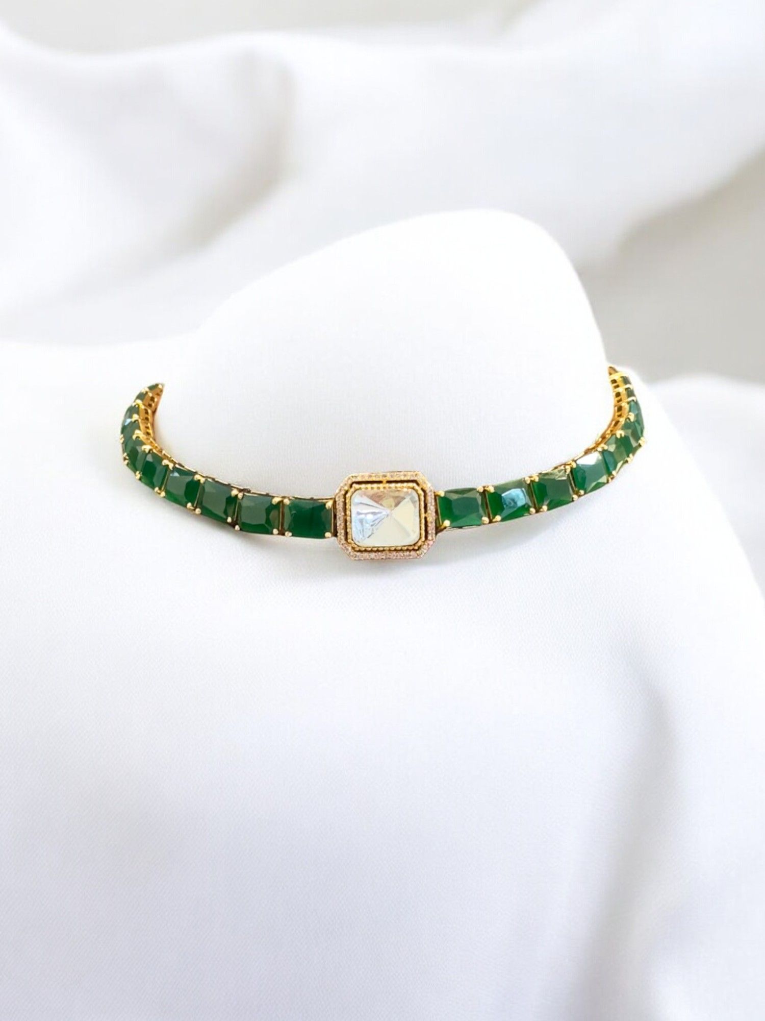 Regal Emerald Stone Choker Necklace Set By Dia Art Jewels