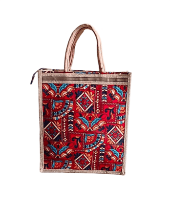 Red and Blue Geometric Print Jute Tote Bag with Zipper