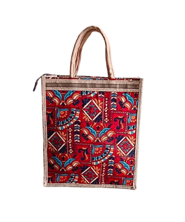 Red and Blue Geometric Print Jute Tote Bag with Zipper