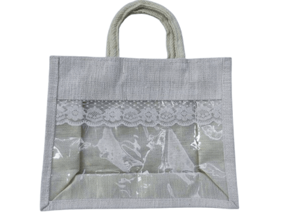 Natural Jute Tote Bag with PVC Window and Lace Trim Natural Jute Tote Bag with PVC Window and Lace Trim