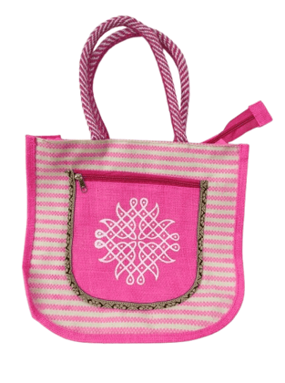 Pink Hand Embroidered Jute Tote Bag with Zipper and Front Pocket Pink Hand Embroidered Jute Tote Bag with Zipper and Front Pocket