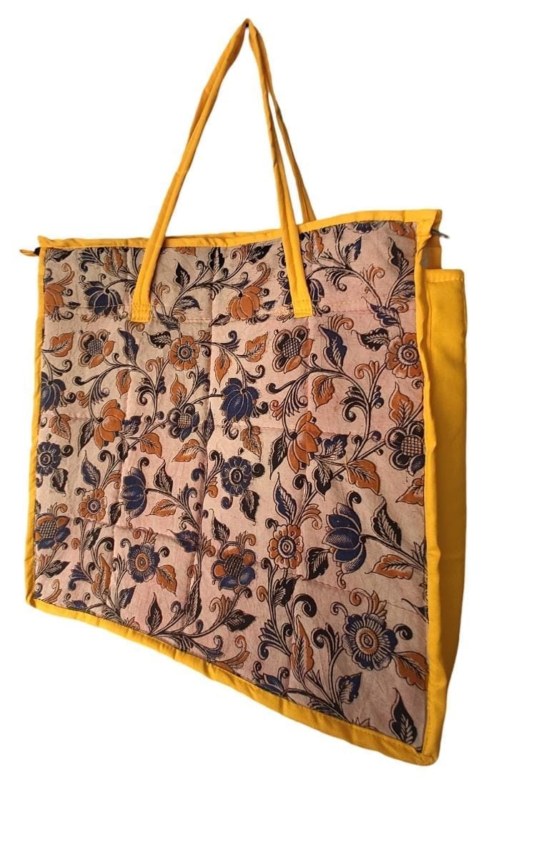 KALAMKARI Handcrafted Floral Print Cotton Tote Bag with Zipper Closure and Reinforced Handles