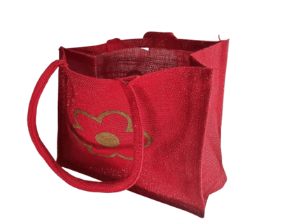 Red Glitter Jute Tote Bag with Flower Print Red Glitter Jute Tote Bag with Flower Print