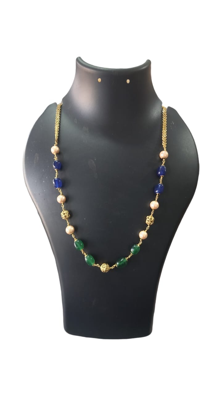 Gold Plated Pearl and Onyx Beaded Necklace with Green Stones