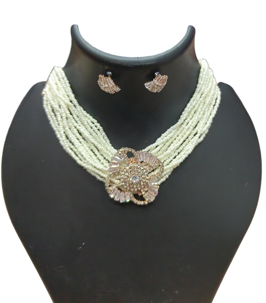 White Pearl and Rhinestone Necklace Set with Flower Pendant