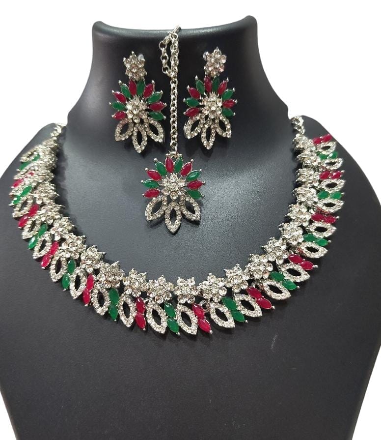 Buy Kundan Meena Work Green & Pink Stone Necklace Set With Earrings For Women Online