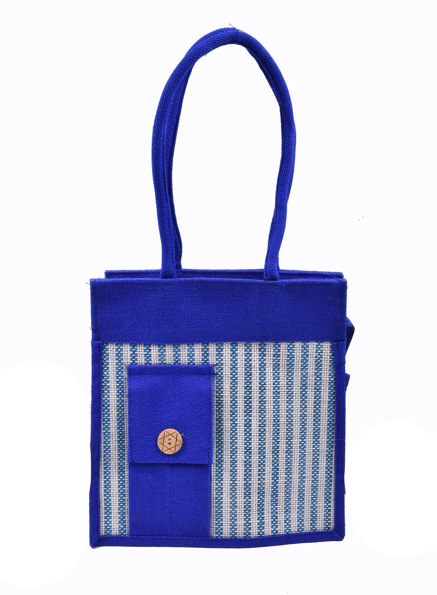 Blue Striped Jute Tote Bag with Button Closure