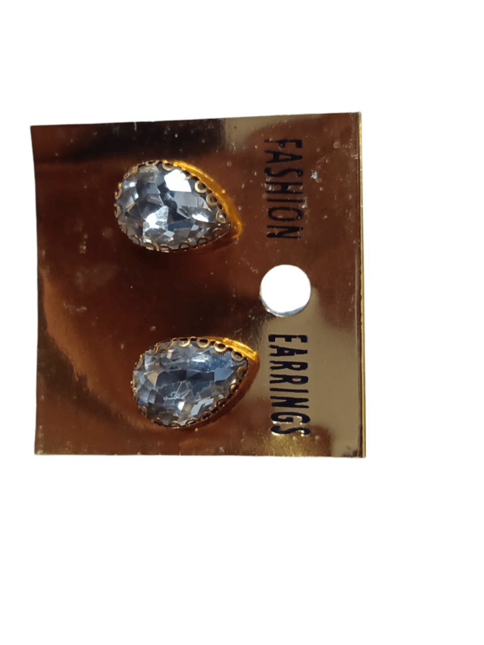 Fashionable and elegant gold plated stud earrings featuring a pear-shaped, clear crystal.