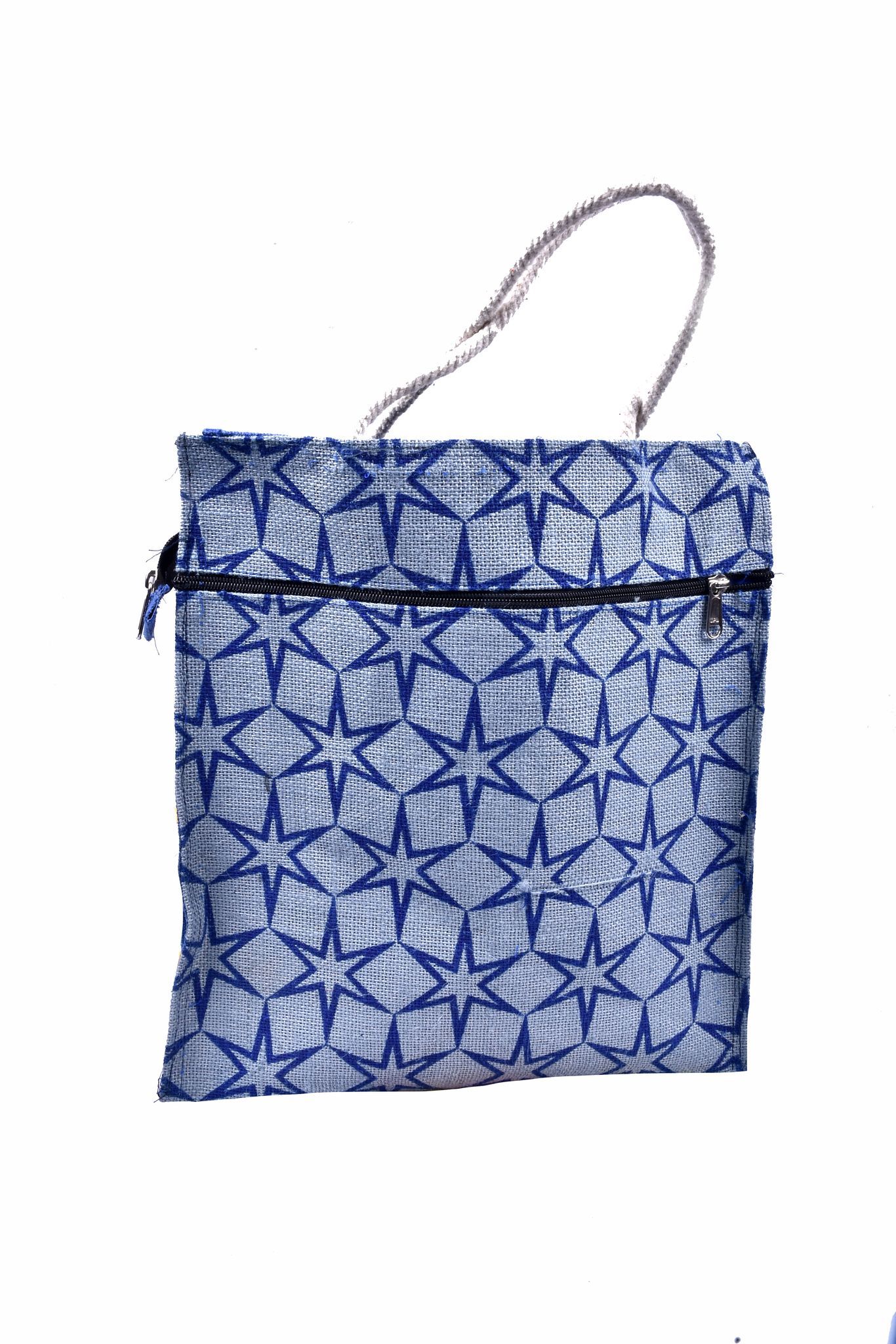 Handcrafted Jute Tote Bag with Blue Starburst Print