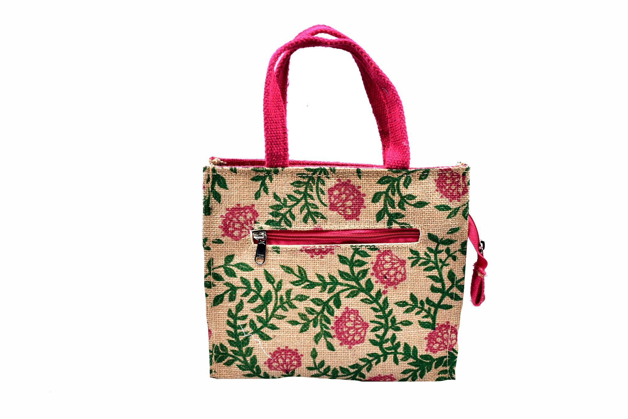 Stylish and Trendy Jute Bag with Floral Print and Zipper Closure
