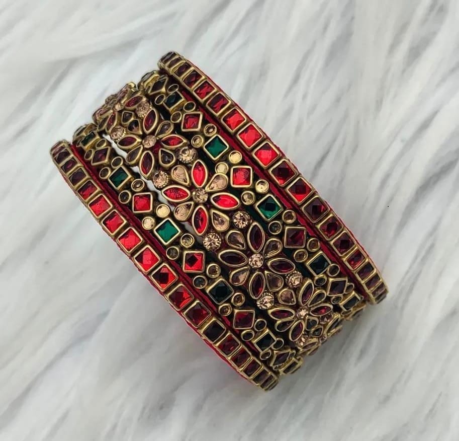 Designer Red and Green Bangle Set with Kundan and Meenakari Work for Women